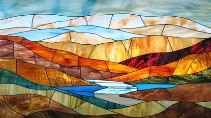 Colorful stained glass window in the shape of a mountain. Abstract background.
