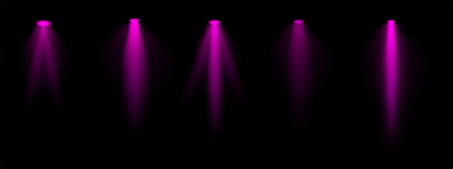 Purple spotlight set. Multiple focused beams, ceiling-mounted lighting, bright white glow, stage illumination, modern lighting design, minimalistic decor, professional setup