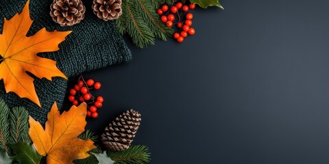 Autumn Leaves, Pine Cones, and Berries on Dark Wooden Background