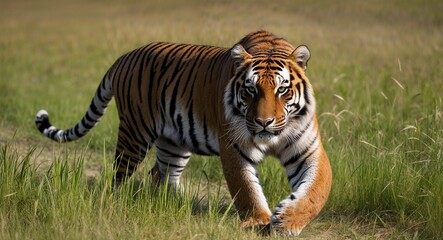 Obraz premium A regal tiger stalking through tall grass with piercing eyes