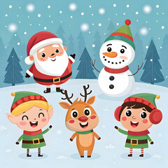 Festive Cartoon Christmas Characters Featuring Santa, Frosty, and Reindeer Bringing Holiday Magic to Life