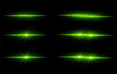 Green glow effects set. Radiant light streaks, sparkling particles, bright starbursts, warm illumination, abstract lighting design, decorative energy beams, vibrant modern visuals