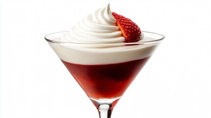 Close up of Bavarian cream in a delicate martini glass, layered with strawberry compote and whipped cream, isolated on white