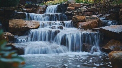 A serene waterfall cascading over rocks in a tranquil environment.