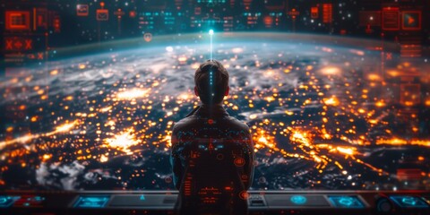 Silhouette of a person standing before a futuristic screen displaying Earth at night with glowing city lights and digital interface elements
