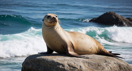 Fototapeta premium A serene sea lion lounging on a rock near ocean waves