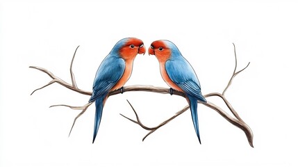 Obraz premium Two Lovebirds Perched on Branch with Heart Design in Watercolor Style