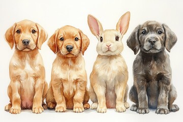 A charming illustration of four adorable pets three puppies and a bunny.