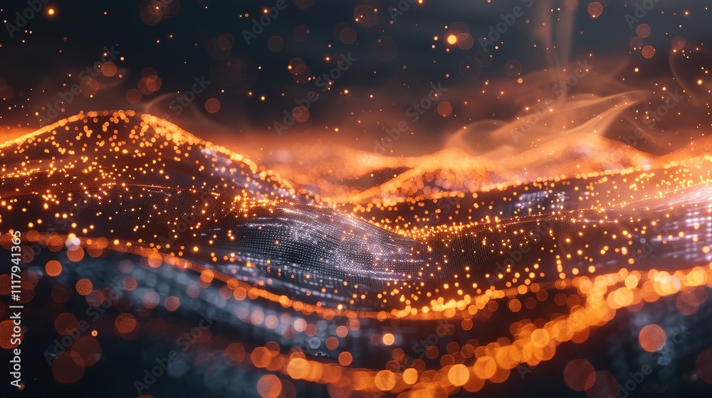 Poster abstract wave with moving dots and lines. flow of particles, technology background.