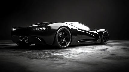 A black sports car in a dark, shadowy setting.