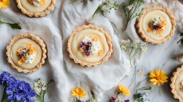 Flat lay of Bavarian cream tartlets with a shortbread crust, surrounded by edible flowers and a linen napkin - Powered by Adobe