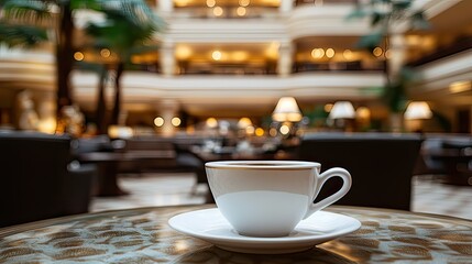 Fototapeta premium A close-up of a coffee cup on a table in a luxurious hotel lobby.