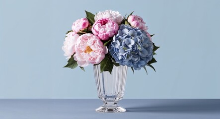 Fototapeta premium A sleek tall crystal vase with a delicate arrangement of peonies and hydrangeas placed on a plain sky blue background