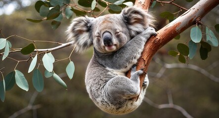 Obraz premium A sleepy koala hanging from a eucalyptus branch in middream