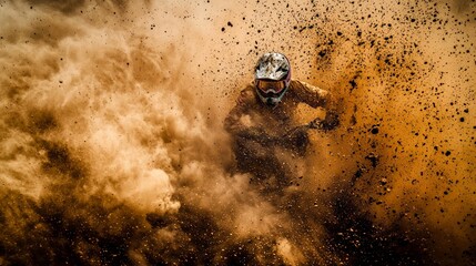 Motocross rider navigates dusty terrain outdoor track action photography dynamic environment low angle shot thrilling race experience