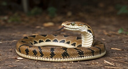 Fototapeta premium A sneaky cobra coiled with its hood flared ready to strike