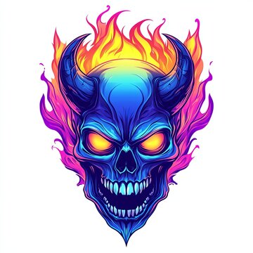 Fiery blue devil skull with glowing eyes and horns engulfed in vibrant flames.