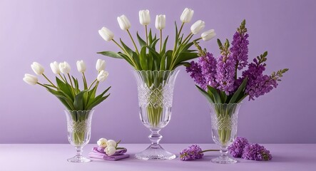 A tall elegant crystal vase filled with a collection of delicate white tulips and purple lilacs displayed against a plain lavender background