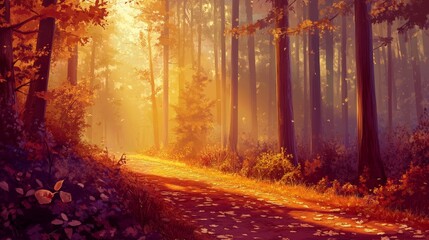 Fototapeta premium A serene forest path illuminated by golden light, surrounded by autumn foliage.