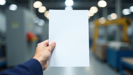 Hand holding white A4 sheet at factory
