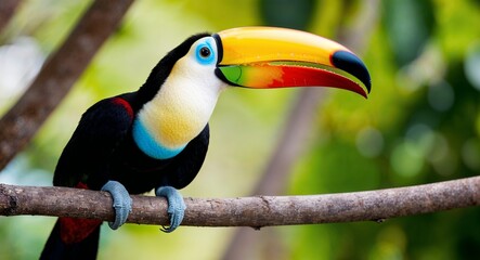 Fototapeta premium A vibrant toucan perched on a branch with its large colorful beak