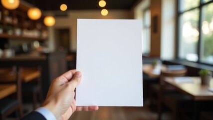 Hand holding white A4 sheet in restaurant