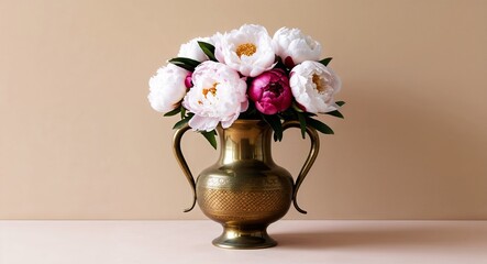A vintagestyle brass vase with an intricate pattern holding a bouquet of white and pink peonies set on a plain soft beige background