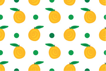 Orange citrus fruits, green leaves and dots. Seamless vector pattern for design and decoration. 