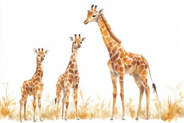 A watercolor illustration of three giraffes in a natural setting.