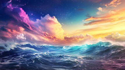 Seascape With A Colorful Sunset Sky And Dynamic Waves