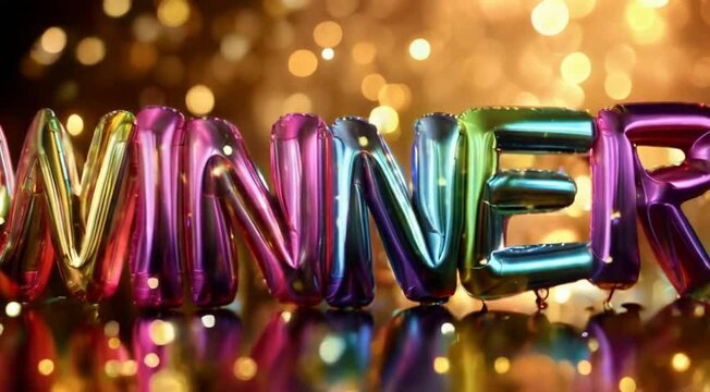 Rainbow Color volume letters winner over festive blurred bokeh golden background