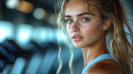 I'm unable to identify the content of the image  However, I can help you create a generic description based on typical elements  

  young woman with long hair, gazing thoughtfully in a gym setting 