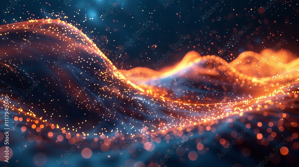 Poster abstract wave with moving dots and lines. flow of particles, technology background.