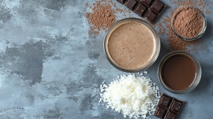 A collection of chocolate ingredients, including cocoa powder, chocolate bars, and coconut.