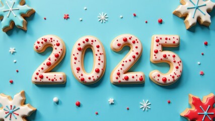 The inscription "2025" made of sugar on a blue background with festive cookies lying around