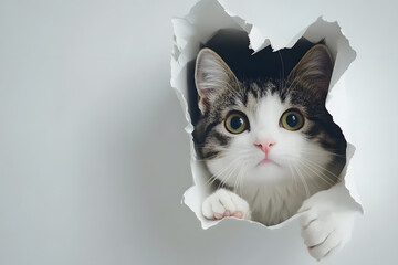Adorable cat peeking through torn paper hole isolated on white background