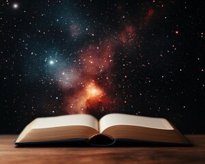 Open Book with Cosmic Background and Starry Night Sky