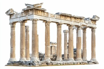 Fototapeta premium Ancient stone columns, weathered ruins, classical architecture.