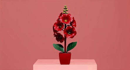 Fototapeta premium A bold hollyhock flower figurine with vibrant blooms on a plain scarlet red background
