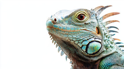 Fototapeta premium Close-up of a vibrant iguana against a white background, showcasing detailed scales and vivid colors in a mesmerizing portrait of this reptile.