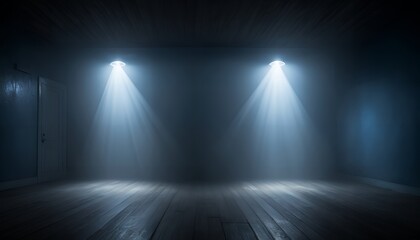 Obraz premium Mysterious Empty Room Illuminated by Two Spotlights, Creating a Dramatic and Eerie Atmosphere with Foggy Beams of Light on Wooden Floor