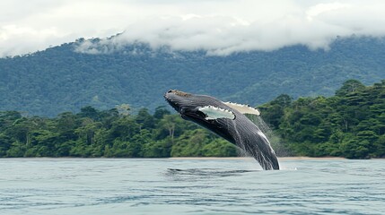 Naklejka premium Stunning shot of a humpback whale leaping out of the Pacific Ocean in Marino Ballena National Park, Costa Rica, framed by serene water and tropical horizons.