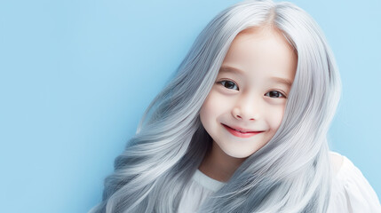 Naklejka premium Portrait of asian girl child with long white hair blue background.