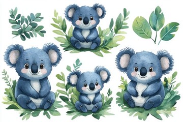 Cute watercolor koalas surrounded by greenery, perfect for children's illustrations or designs.