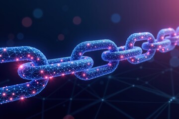 Futuristic blockchain concept with glowing chains and digital connections on dark background