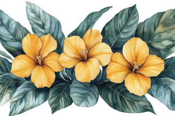 A vibrant illustration of three yellow hibiscus flowers surrounded by green leaves.