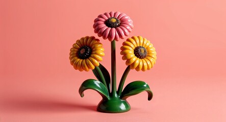 Obraz premium A cheerful zinnia flower cluster figurine on a plain light coral background