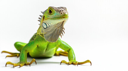 Obraz premium Vibrant green iguana posing against a plain white backdrop, showcasing its striking scales and intricate markings in a captivating studio photograph.