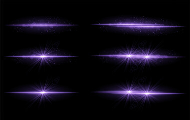 Purple glow effects set. Radiant light streaks, sparkling particles, bright starbursts, warm illumination, abstract lighting design, decorative energy beams, vibrant modern visuals