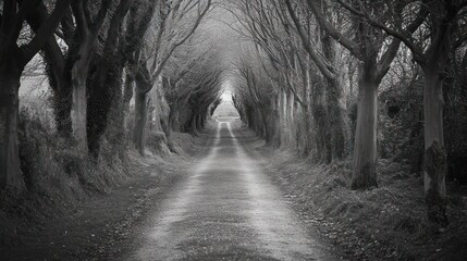 Naklejka premium A serene, tree-lined path creating a tunnel effect in black and white.